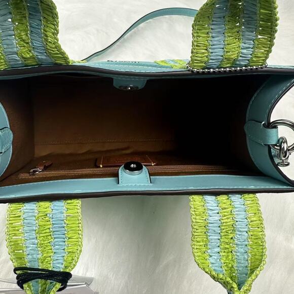 Coach Smith Tote 24 Crossbody In Leather/ Straw Webbing Light Turquoise CBG91 - Picture 8 of 11